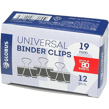 Зажимы  д/бумаг 19мм черные 12шт Globus (60л) ЗБ-19ЧКК