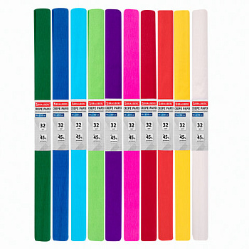 Бумага креповая 10цветов 50*250см яркие цвета, Brauberg, 112556, 32гр