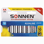 Батарейки AA 10шт SONNEN (LR6, 15А), алкалиновые (пальчиковые) 451086