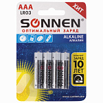 Батарейки AAA 4шт SONNEN (LR03, 24А), алкалиновые (мизинчиковые) 451088