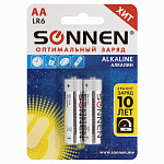 Батарейки 2 шт., SONNEN Alkaline, АА (LR6, 15А), 451084 алкалиновые, пальчиковые, блистер